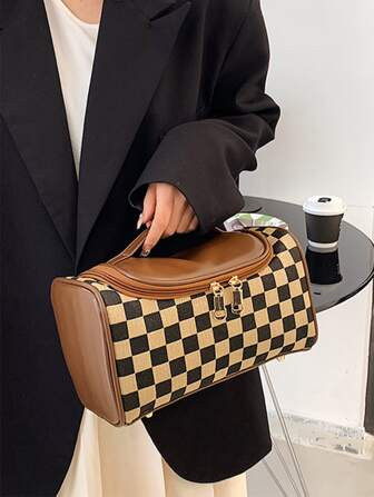 1pc Brown Checkerboard Simple Fashion Large Capacity Travel Storage Portable Makeup Bag For Women... | SHEIN