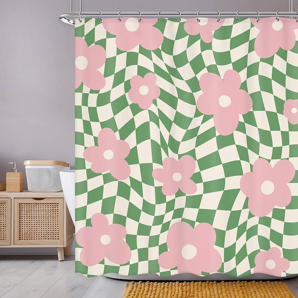 Newsely Retro Pink Green Shower Curtain 60Wx72H Inch Cute Flower Abstract Checkered Plaid Groovy ... | Amazon (US)
