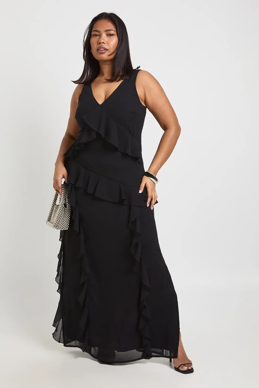 Black Plus Asymmetric Waist Ruffle Maxi Dress | Boohoo | Boohoo.com (UK & IE)