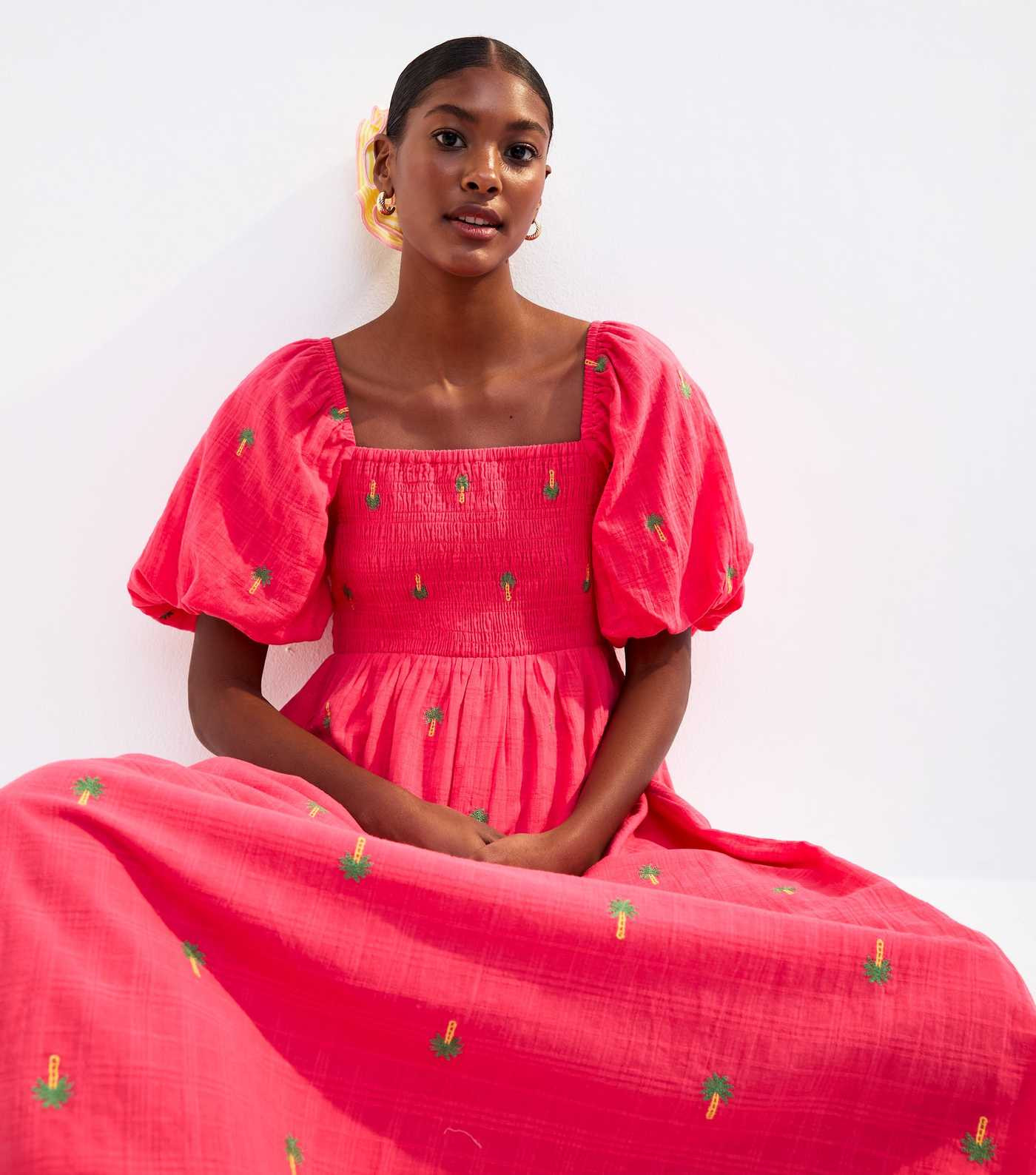 Pink Palm Embroidered Shirred Midi Dress | New Look | New Look (UK)