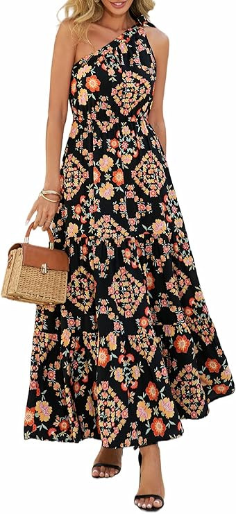 PRETTYGARDEN Women's Summer Floral One Shoulder Maxi Dress Knot Ruffle Boho Beach Vacation Weddin... | Amazon (US)