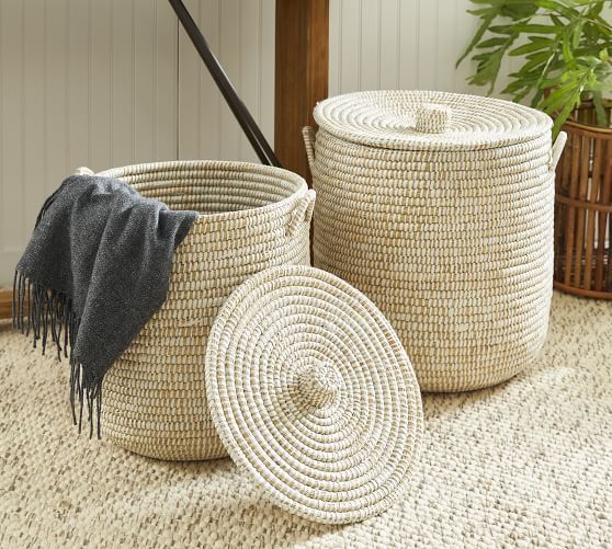 Dahlia White Rivergrass Lidded Hamper Baskets, Set of 2 | Pottery Barn (US)