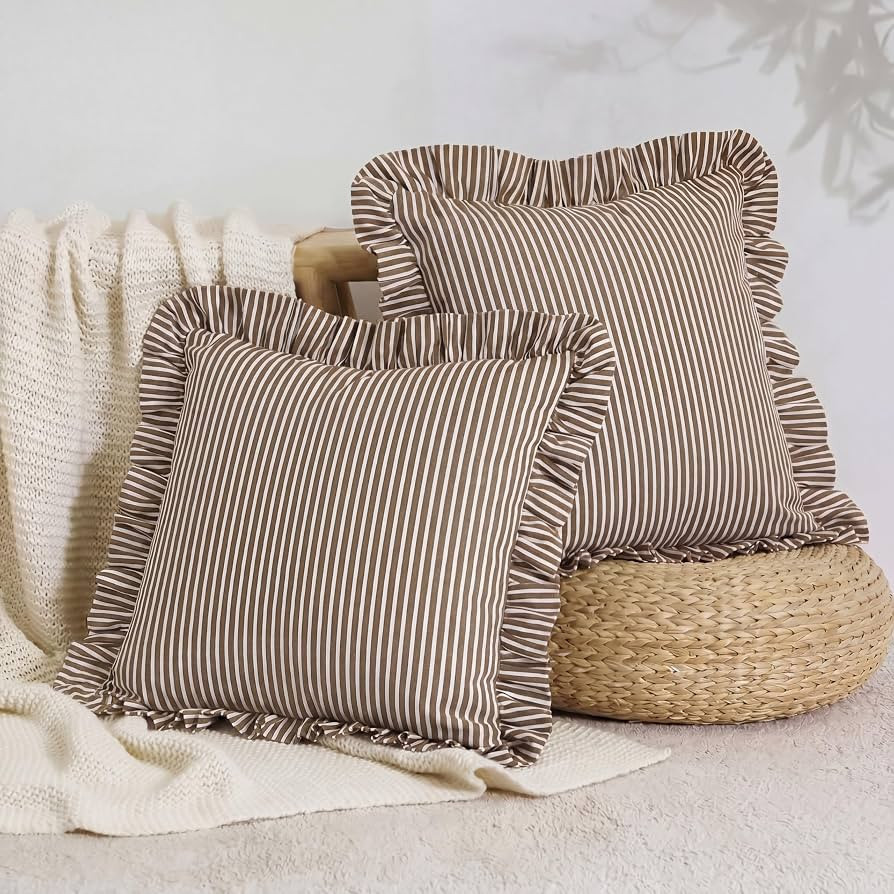 HunnmingRe 2 Pack Brown White Striped Ruffle Throw Pillow Covers 18x18 Inch Decorative Cushion Co... | Amazon (US)