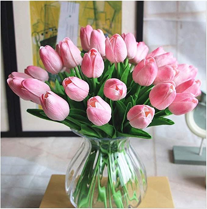Amazon.com: Artificial PU Tulips 10Pcs Real Touch Fake Flower Arrangement Bouquets for Home Offic... | Amazon (US)