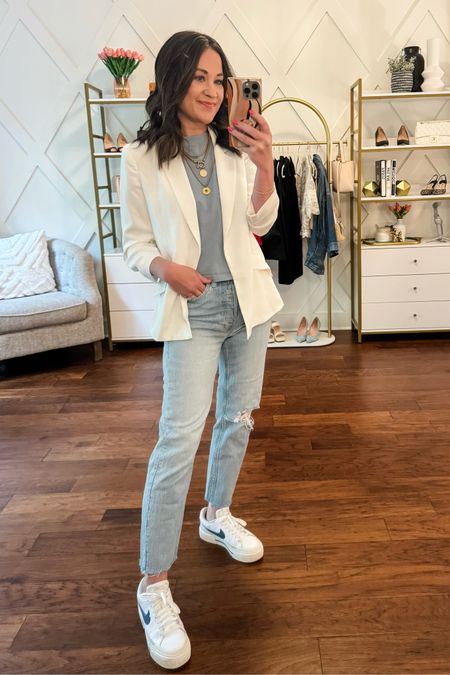 Easy spring outfit with white blazer and jeans. Sneaker and jeans outfit idea  #fashionover40 #casualoutfit #whiteblazer

#LTKover40 #LTKstyletip #LTKfindsunder100