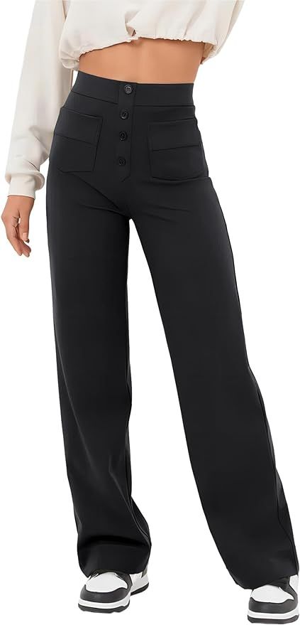 GRECERELLE Womens Casual Straight Leg Pants High Waisted Button Stretchy Business Work Trousers w... | Amazon (US)