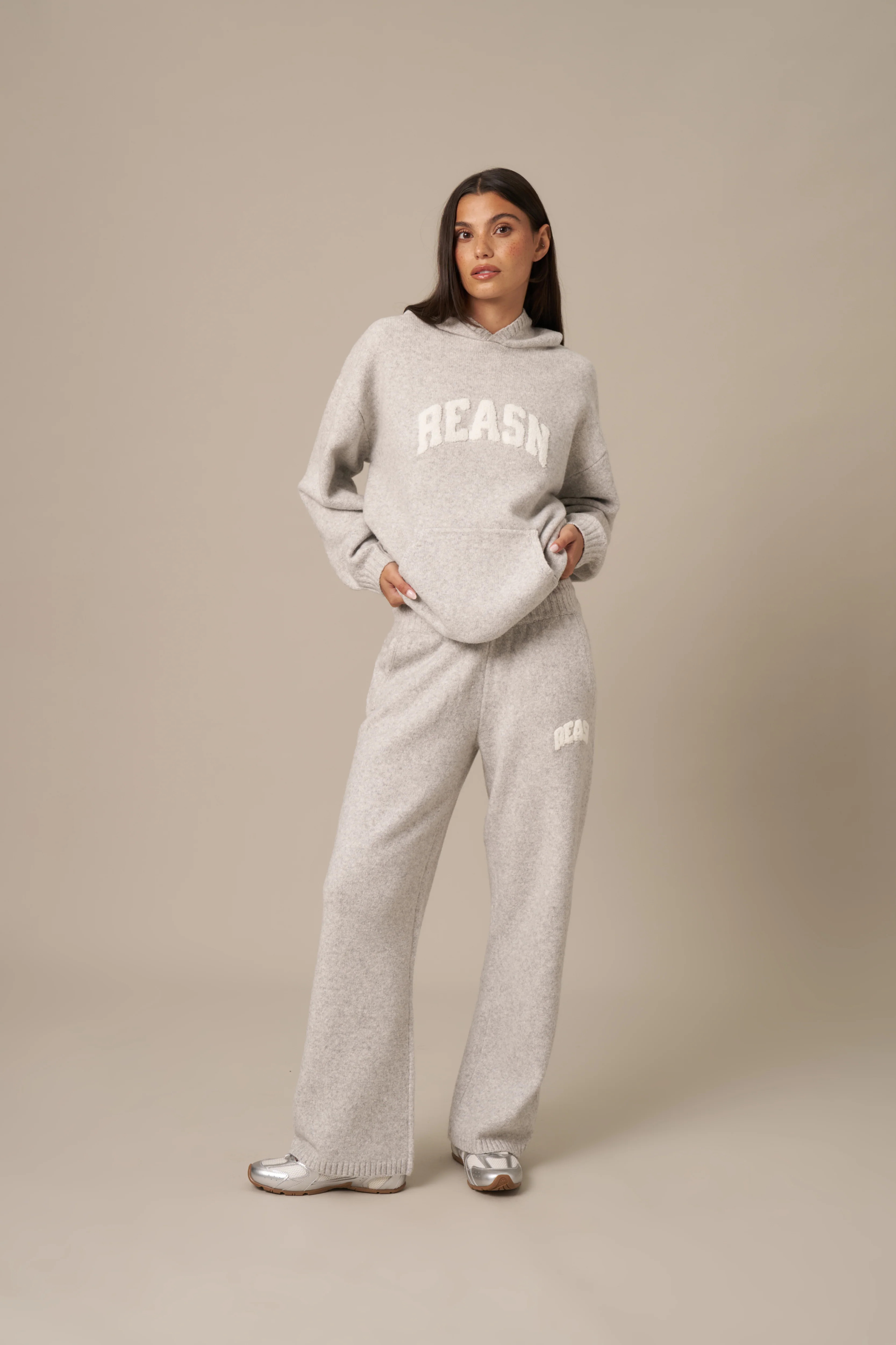 Wide Leg Boucle Branded Knitted Trousers - Grey Marl | Reasn