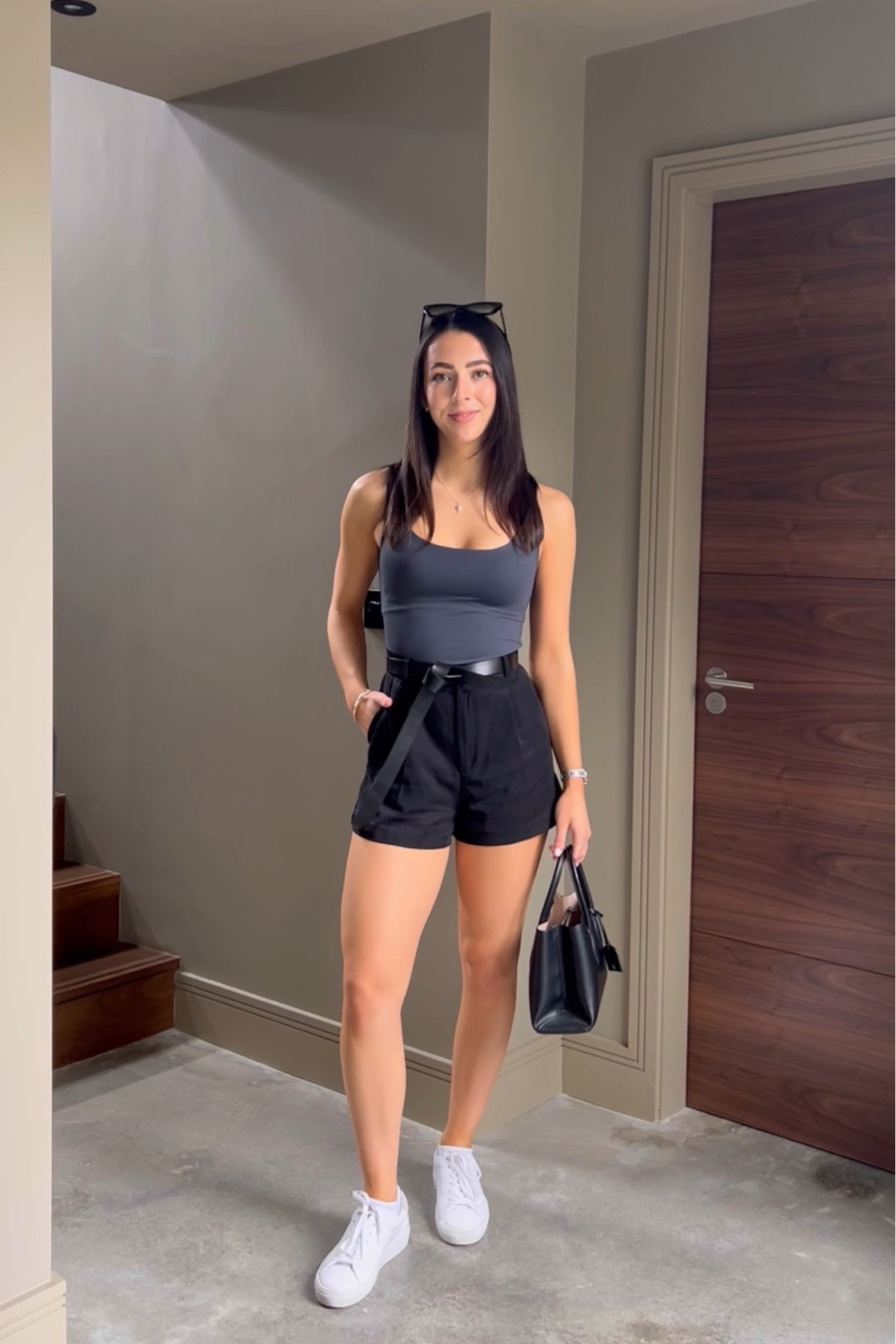 Tailored shorts outfits, grey vest too, casual black shorts OOTD, shorts styling, black shorts, transitional style, white trainers, H&M, Abercrombie, Mango, Bershka, accessories, summer styling

#LTKstyletip #LTKeurope #LTKSeasonal