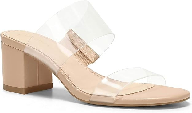 Coutgo Women's Clear Heeled Sandals Transparent Two Strap Chunky Block Heels Mules Open Toe Slip ... | Amazon (US)
