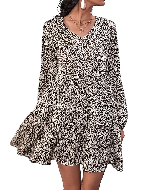 Quuleen Women's Summer Tunic Dress V Neck Casual Loose Leopard Print Swing Flowy Shift Dress | Amazon (US)