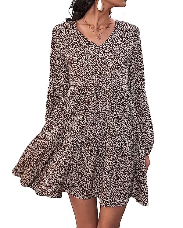 Quuleen Women's Summer Tunic Dress V Neck Casual Loose Leopard Print Swing Flowy Shift Dress | Amazon (US)
