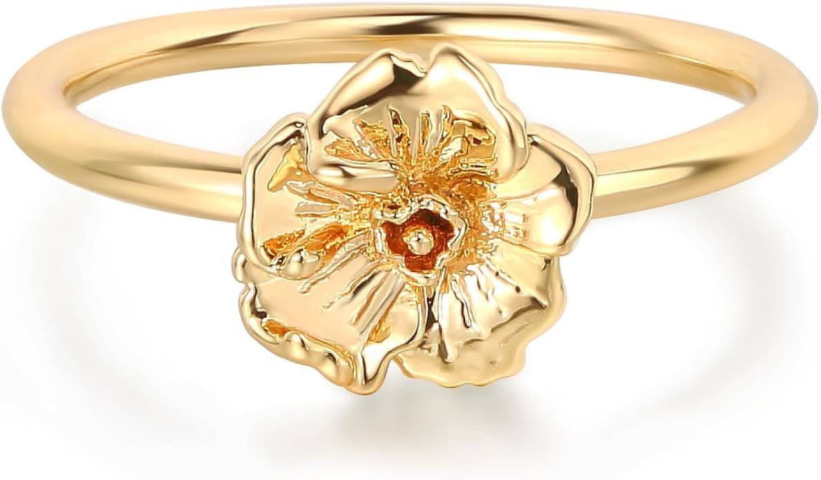 Birth Flower Ring for Women 14K Gold Plated Floral Minimalist Stackable Finger Jewelry Birthday G... | Amazon (US)