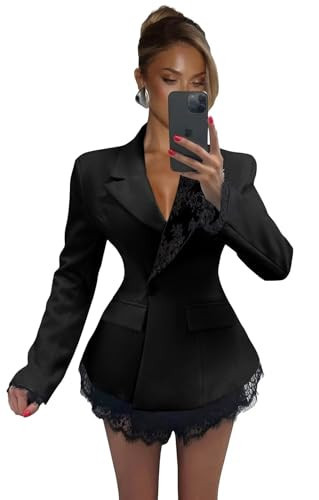 Black Blazer Dress for Women Lace V Neck Church Work Blazers Wedding Party Long Sleeve Jacket Dresses with Pockets Size X-Large | Amazon (US)