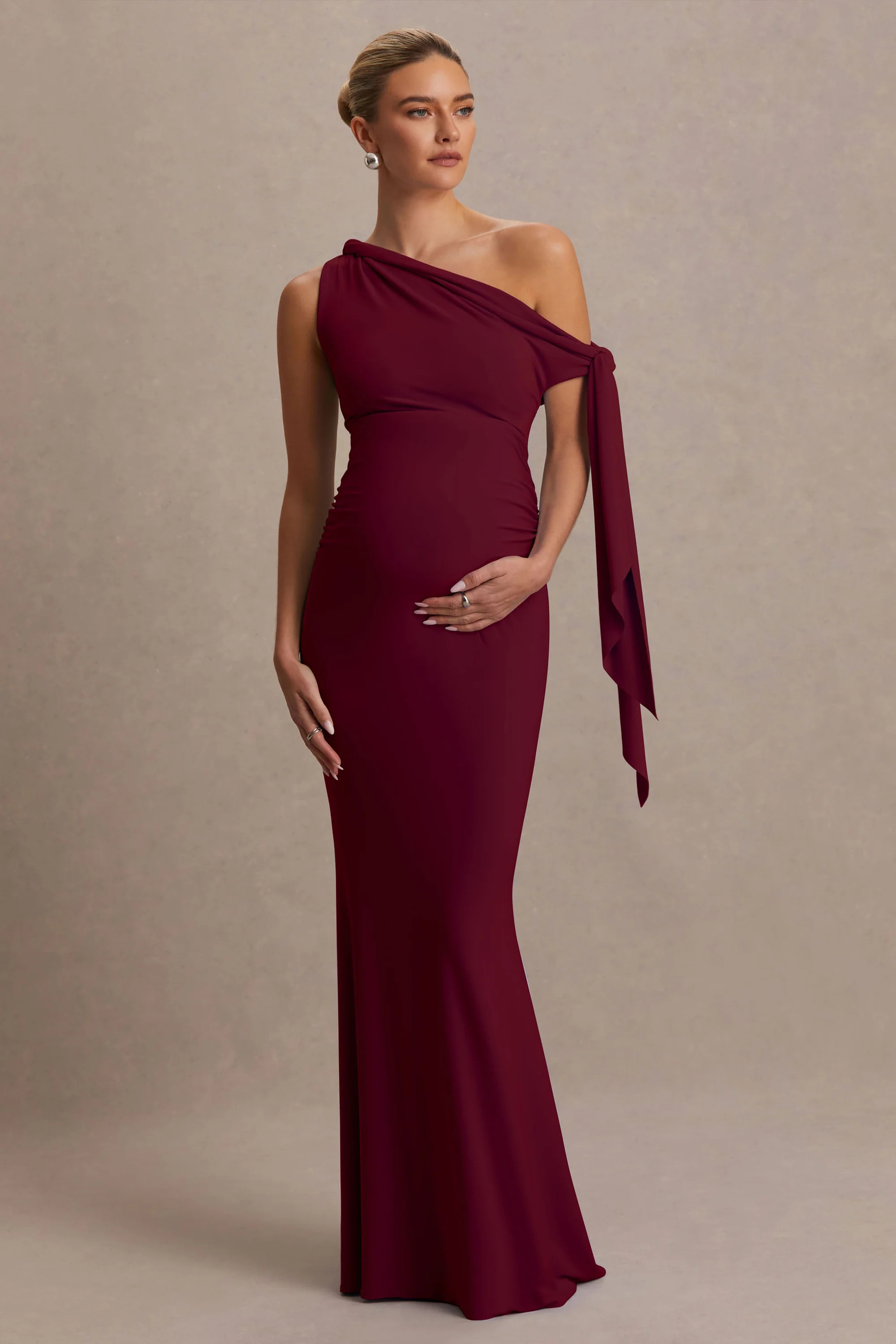 Orielle | Burgundy Asymmetric-Neck Maternity Maxi Dress With Knot-Sleeve And Sash | Club L London