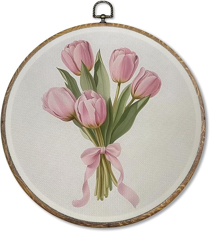FUGWN Coquette wall decor Pink Tulip Floral Round Wall Art Decor Framed, Pink Bow Tulip Flower Bo... | Amazon (US)