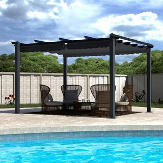 10 ft. x 13 ft. Dark Grey Aluminum Outdoor Patio Pergola with Retractable Sun Shade Canopy Cover | The Home Depot