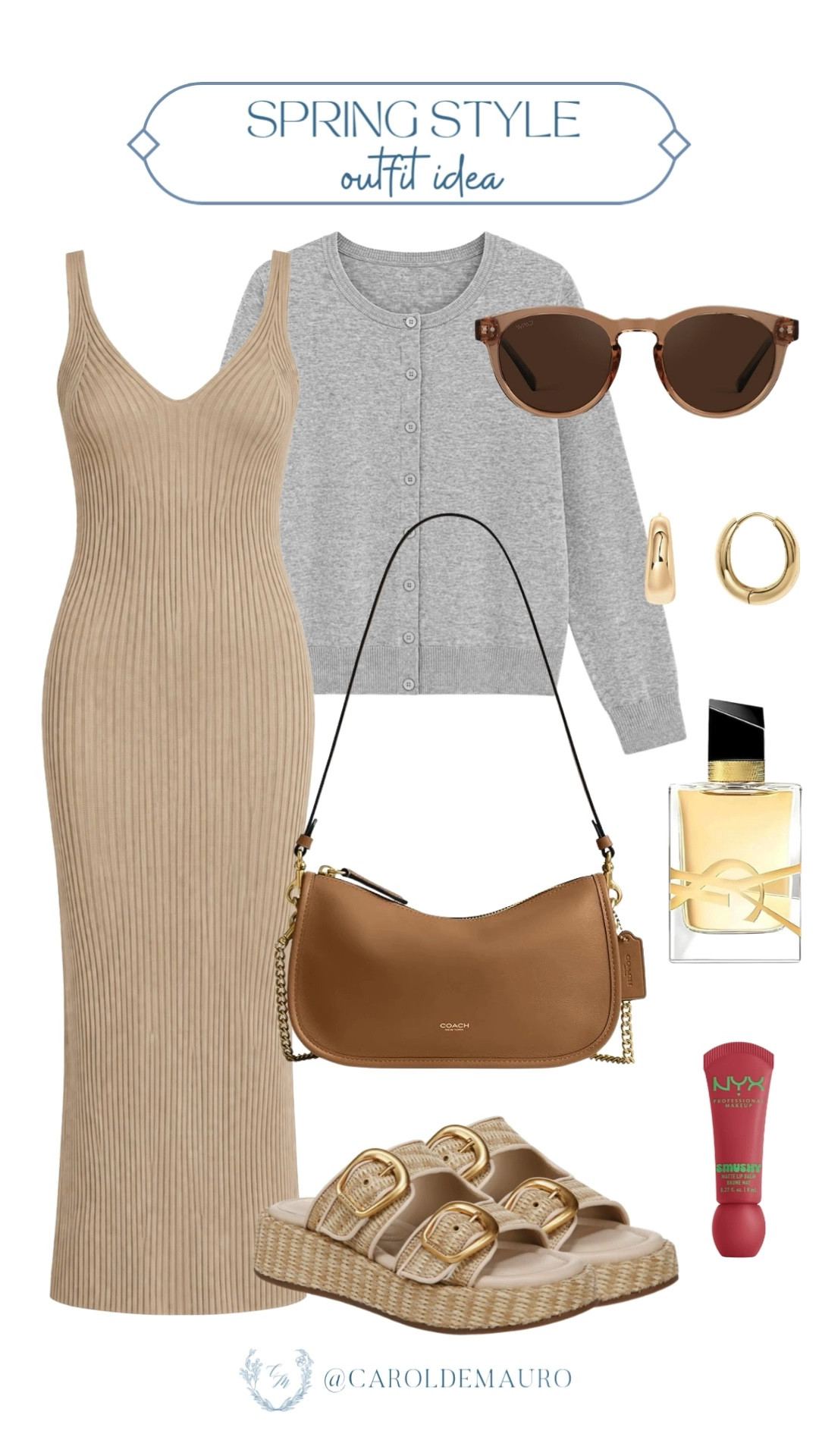 Step into spring with this effortless look featuring a ribbed maxi dress paired with a cozy grey cardigan and woven platform sandals! Elevate the neutral vibe with a tan Coach bag, gold hoop earrings, and a spritz of YSL Libre for the perfect finishing touch.

fashion inspo, casual chic, city stroll, it girl look, minimal style, spring style, trendy outfit, spring wardrobe

#LTKSeasonal #LTKU #LTKootd