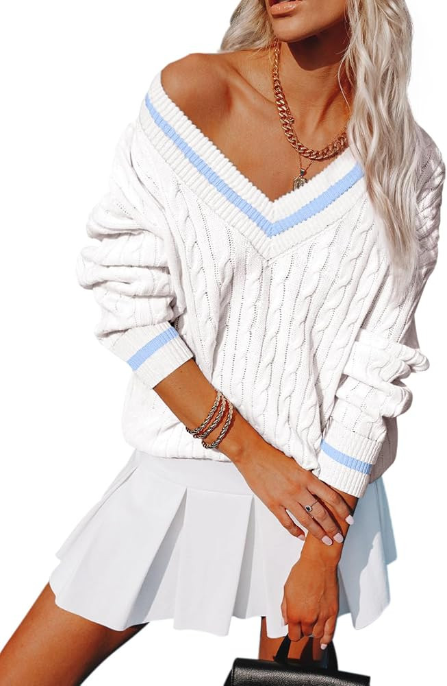 Womens V Neck Oversized Sweaters Long Sleeve Cable Knit Pullover Striped Chunky Sweater Casual Te... | Amazon (US)