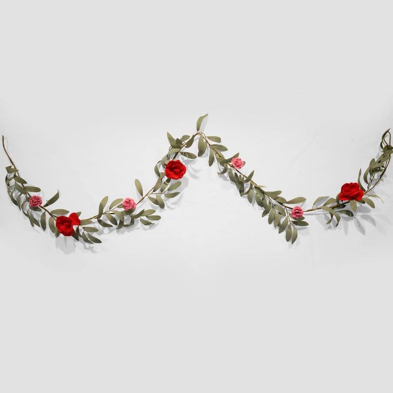 72" Botanical Valentine's Day Artificial Garland with Pink & Red Felt Roses - Spritz™ | Target