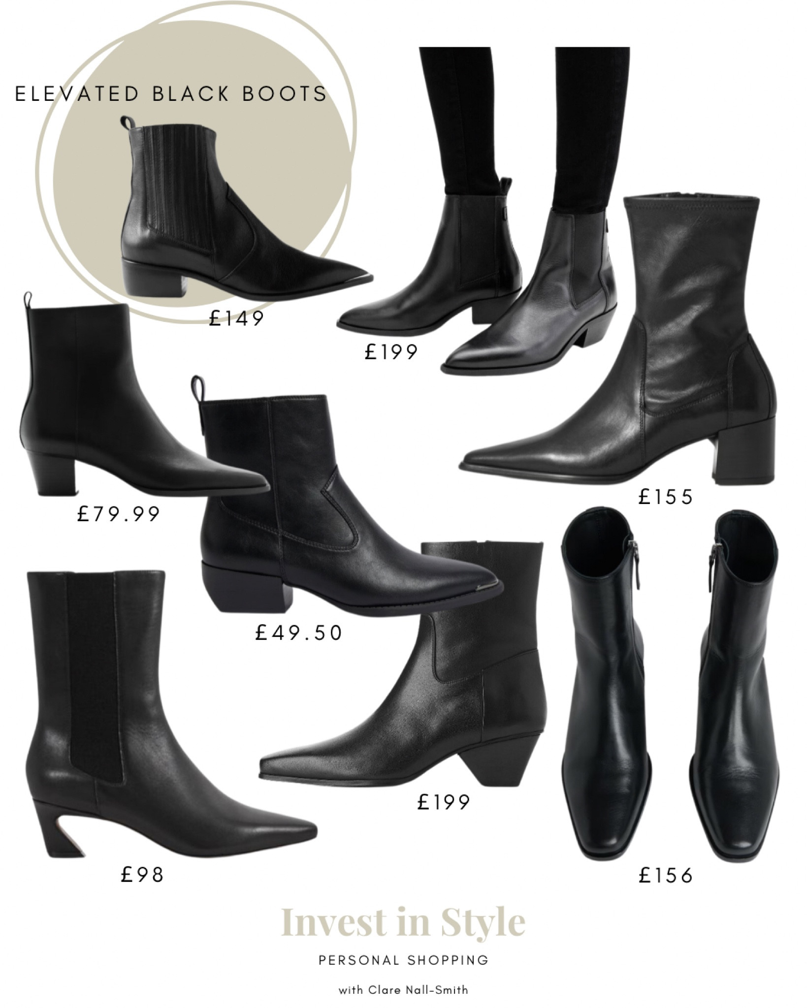 A selection of elevated black boots with a low heel, slim shaft and pointed/almond toe - perfect for pairing with ankle grazers/straight legs/wide legs/boot cut trousers and jeans 

#LTKworkwear #LTKautumn #LTKuk