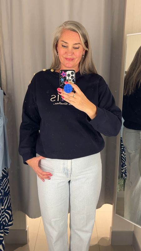 H&M try on. Sweatshirt with embroidery and a row of golden buttons on one shoulder. Wearing a large here but ended up getting an xl for some extra sleeve length. Super long jeans in a light blue wash. 



#LTKover40 #LTKstyletip #LTKmidsize