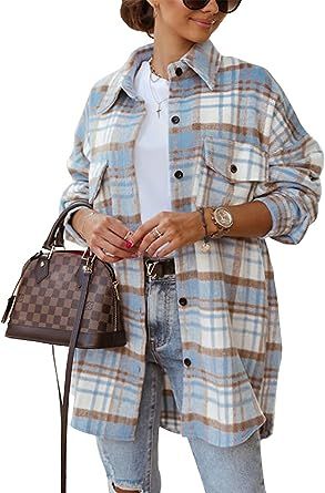 KIRUNDO Women's Long Sleeve Lapel Brushed Plaid Shirt Jacket Flannel Oversized Casual Button Down... | Amazon (US)