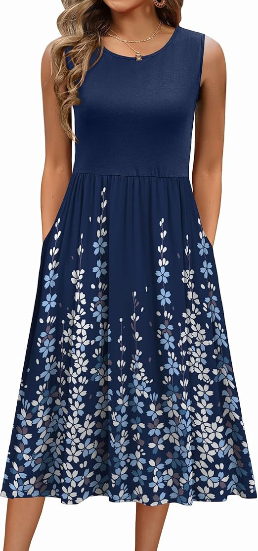 Zeagoo Women's Summer Tank Midi Dress with Pockets Floral Sleeveless A-Line Casual Loose T-Shirt ... | Amazon (US)