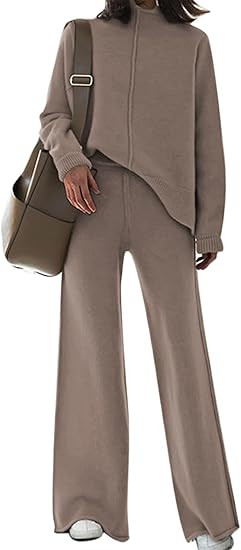 Fixmatti Women Knit Sweatsuit Turtleneck Sweater Top and Wide Leg Pant 2 Piece Outfits | Amazon (US)