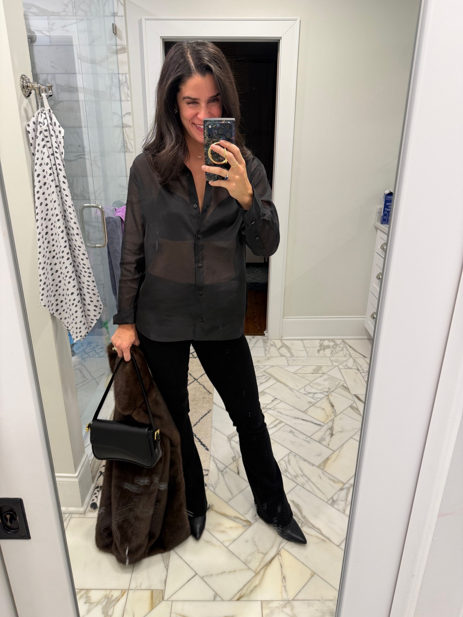 Love this shirt! Fits oversized- I still got my usual size small. 

Love these jeans! So flattering with just the right amount of stretch. Run TTS. 

My go-to black back. The quality is amazing for the price. Same with my earrings! 

My every day necklace and tennis bracelet (can’t sent the bracelet here) I can link but they’re by Jamie Park jewelry. Looove them so much! 

My booties are old from target but just a classic faux leather pointed toe, block heel bootie. 

Said this in a previous post, but to reiterate, I can’t recommend this coat enough! Beautiful, warm and cozy. Runs TTS