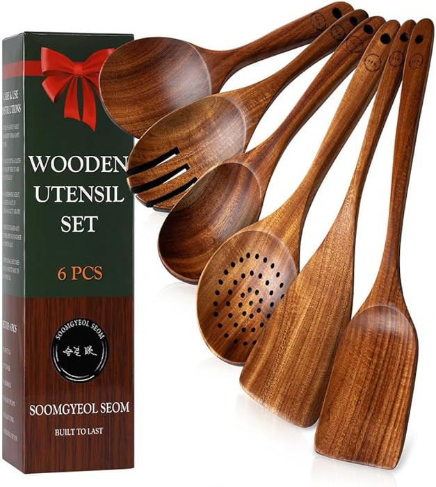 Natural Teak Wood Kitchen Utensil Set - 6 Piece Non-Stick Cooking Spoons & Spatulas, Heat Resista... | Amazon (US)