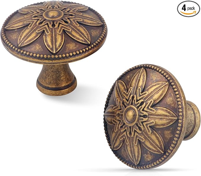 4 Pack Antique Brass Cabinet Knobs Vintage Dresser Knobs Drawer Knobs,1.4" Round Vintage Kitchen ... | Amazon (US)
