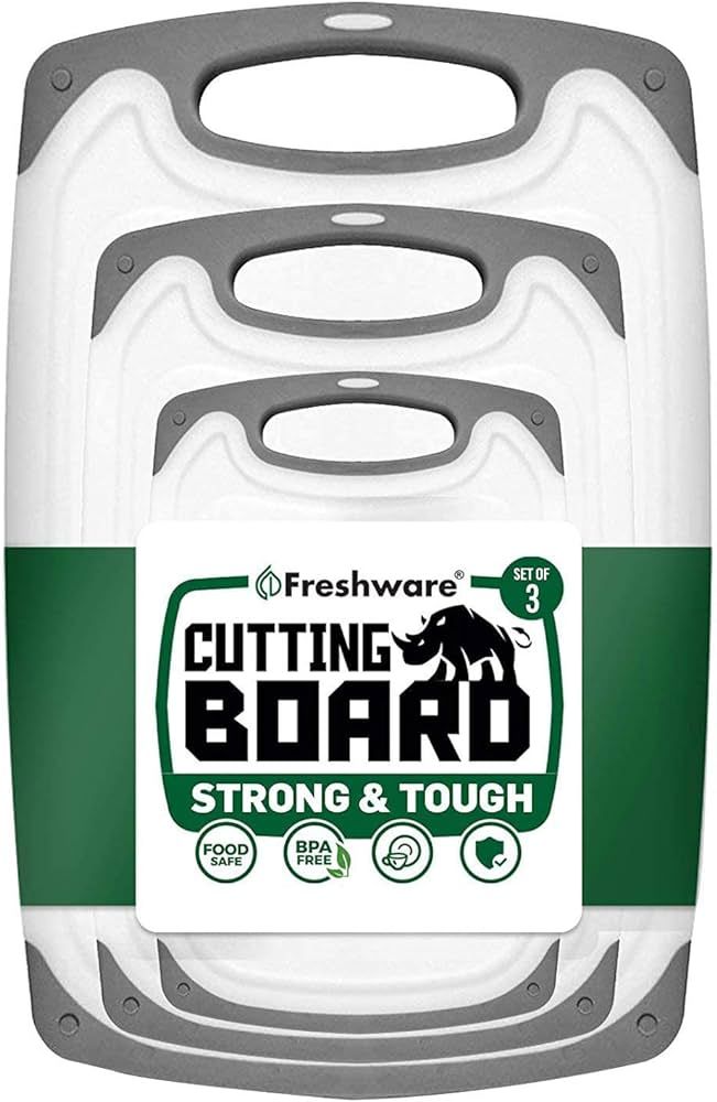 Freshware Cutting Board Set [Set of 3] Juice Grooves with Easy-Grip Handles, Plastic Chopping Boa... | Amazon (US)