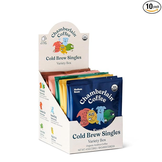 Chamberlain Coffee Organic Variety Cold Brew Singles Medium Roast – 10 Single Serve Bags w/Diff... | Amazon (US)