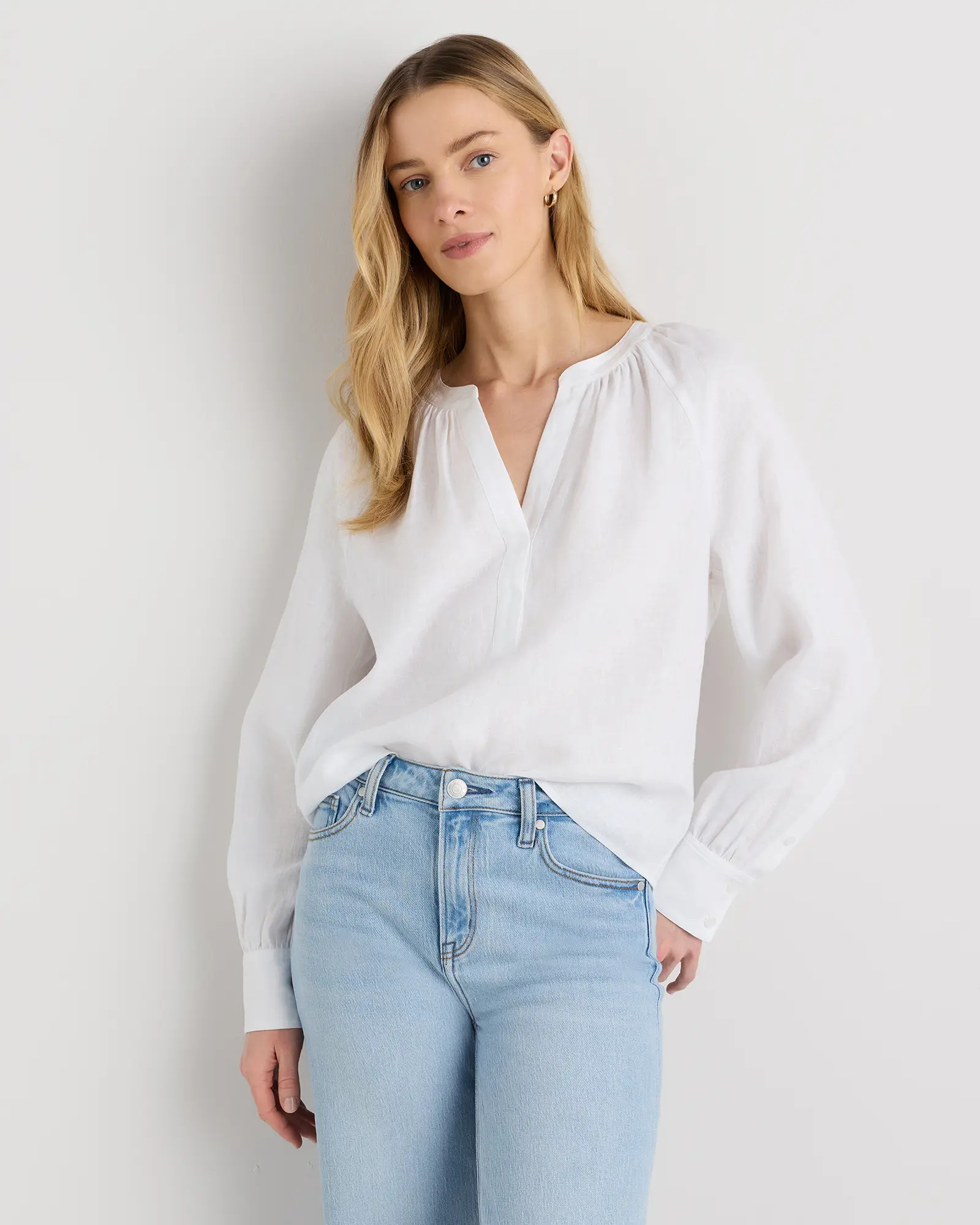 100% European Linen Peasant Top in White | Quince