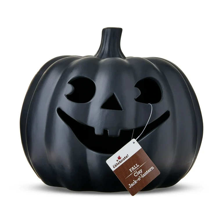 Clay Jack-o'-Lantern Tabletop Decor, Black, 9", Harvest by Way To Celebrate | Walmart (US)
