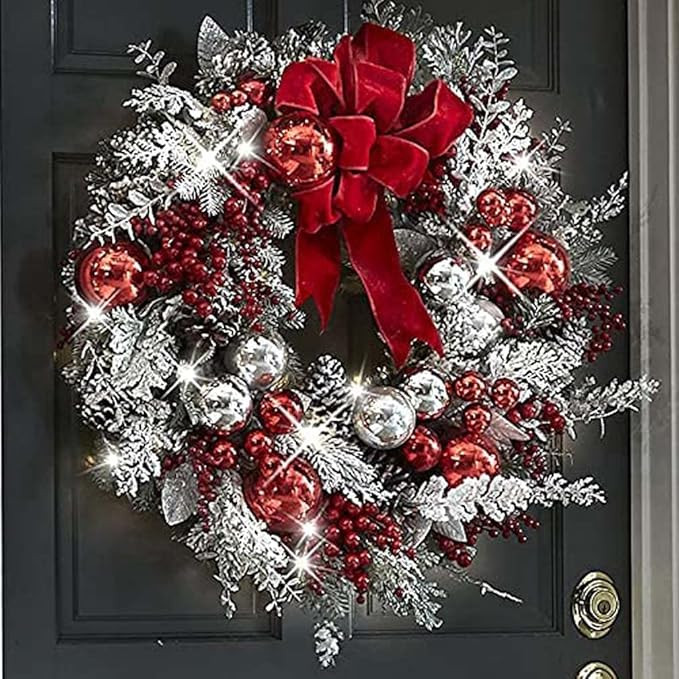 The Cordless Prelit Red and White Holiday Trim Front Door Wreath Christmas Home Decor, Fall Garla... | Amazon (US)