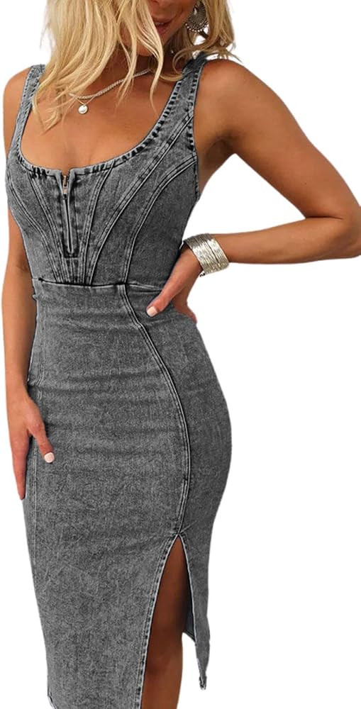 utcoco Denim Dress for Women Sleeveless Side Slit Bodycon Midi Jean Dresses for Women 2025 | Amazon (US)