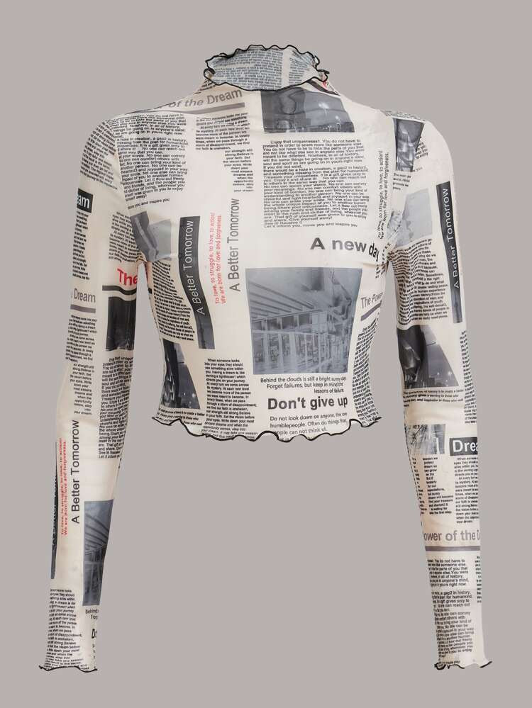SHEIN EZwear Newspaper Print Lettuce Trim Mock Neck Crop Mesh Top | SHEIN