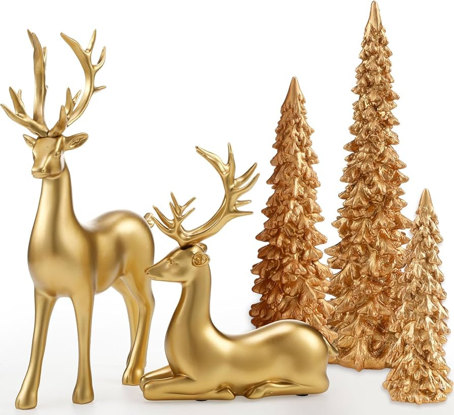5 Pcs Christmas Gold Reindeer Decor Christmas Trees Figurines Xmas Deer Table Decor for Indoor Ho... | Amazon (US)