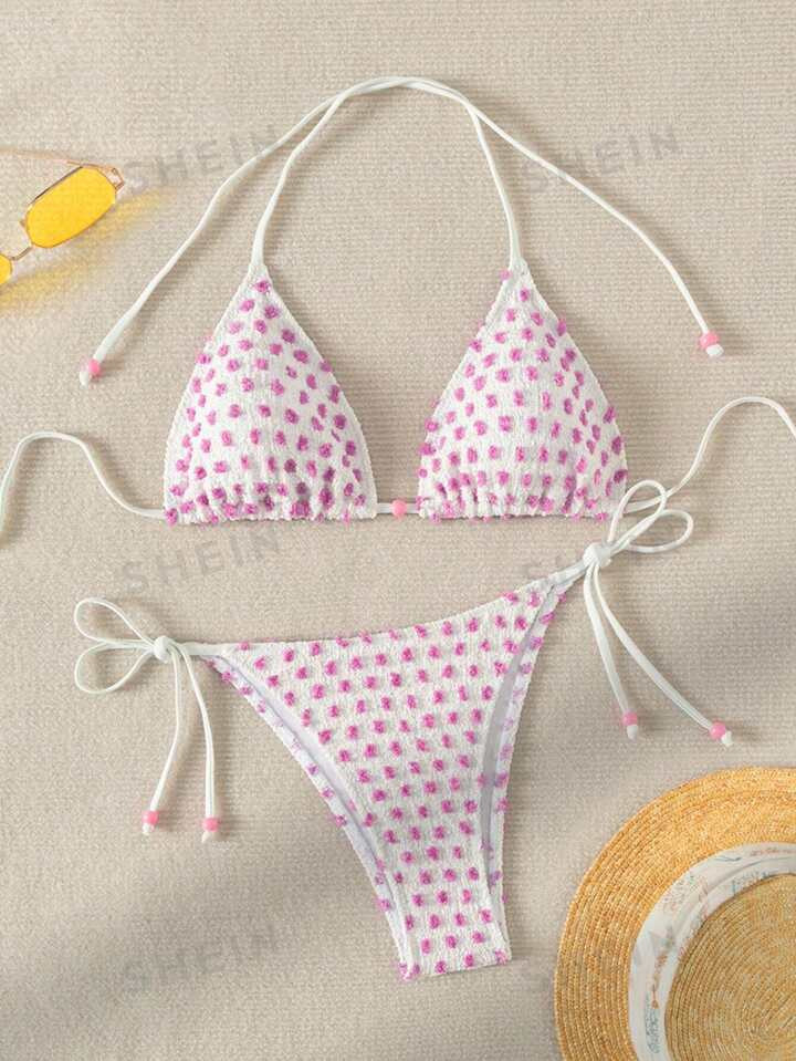 SHEIN Swim Mod Summer Beach Swiss Polka Dot Halter Neck Bikini Set | SHEIN