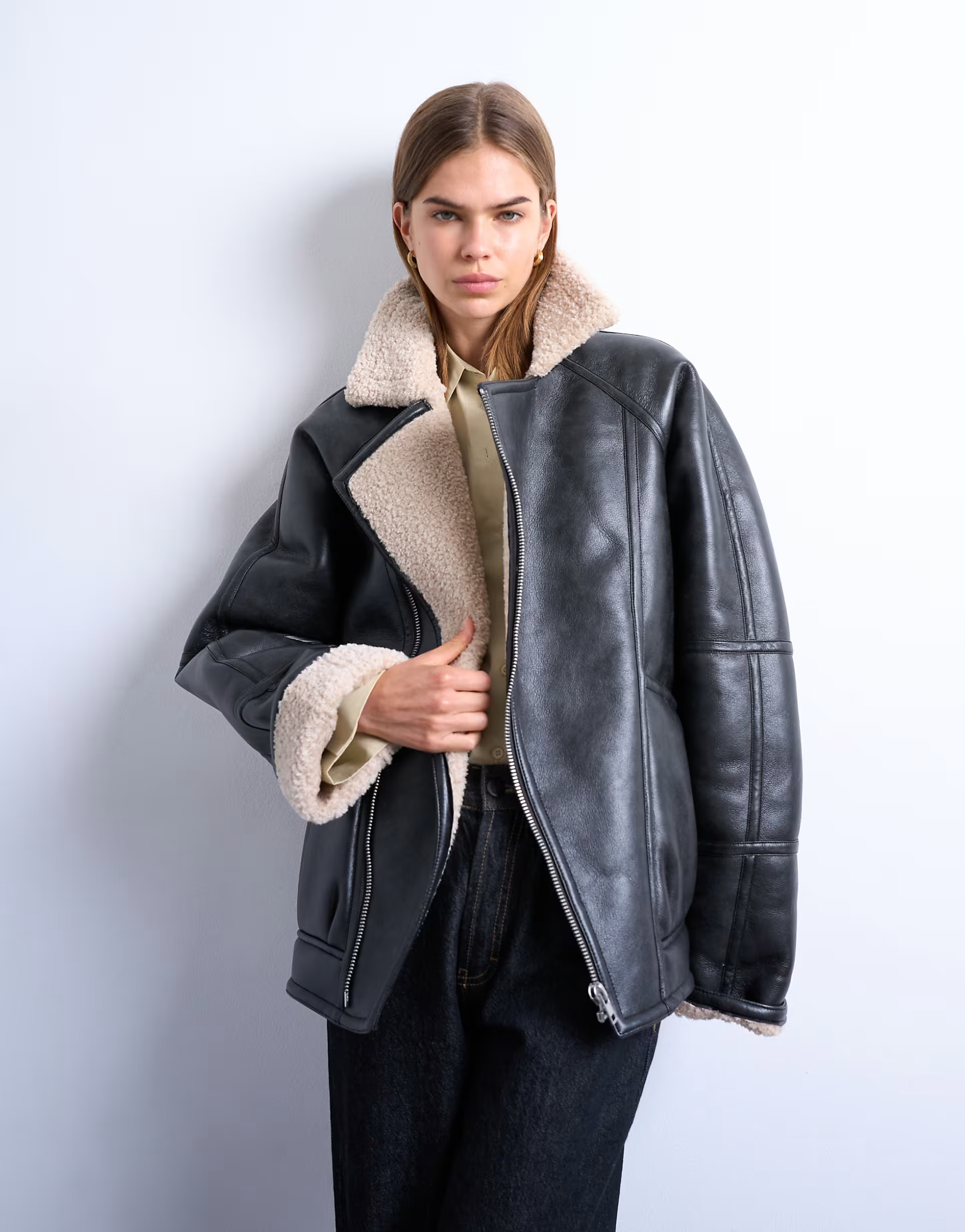 Topshop super oversized vintage wash shearling aviator bomber in black | ASOS (Global)