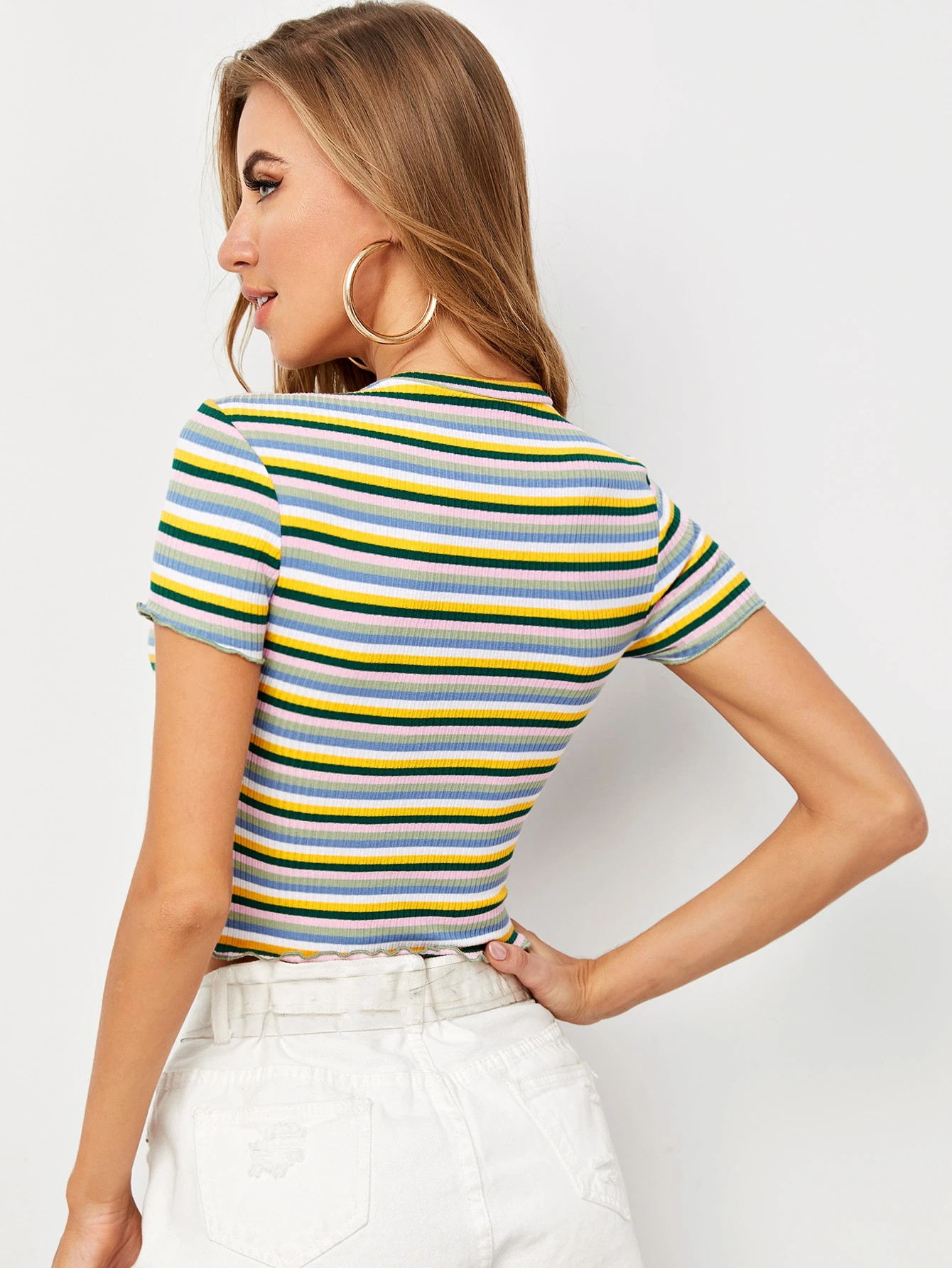 SHEIN Lettuce Trim Striped Colorblock Rib-knit Top | SHEIN