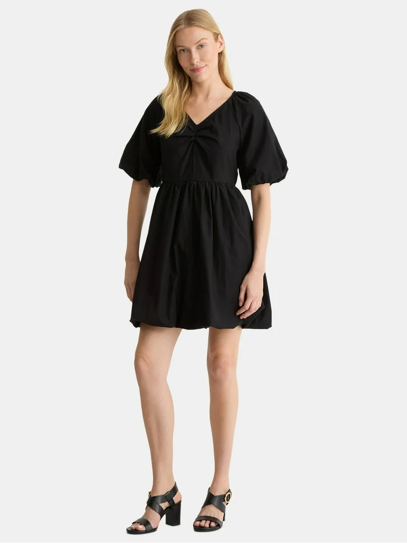 Time and Tru Women's and Women's Plus Cotton Bubble Hem Mini Dress with Puff Sleeves, Sizes XS-4X... | Walmart (US)