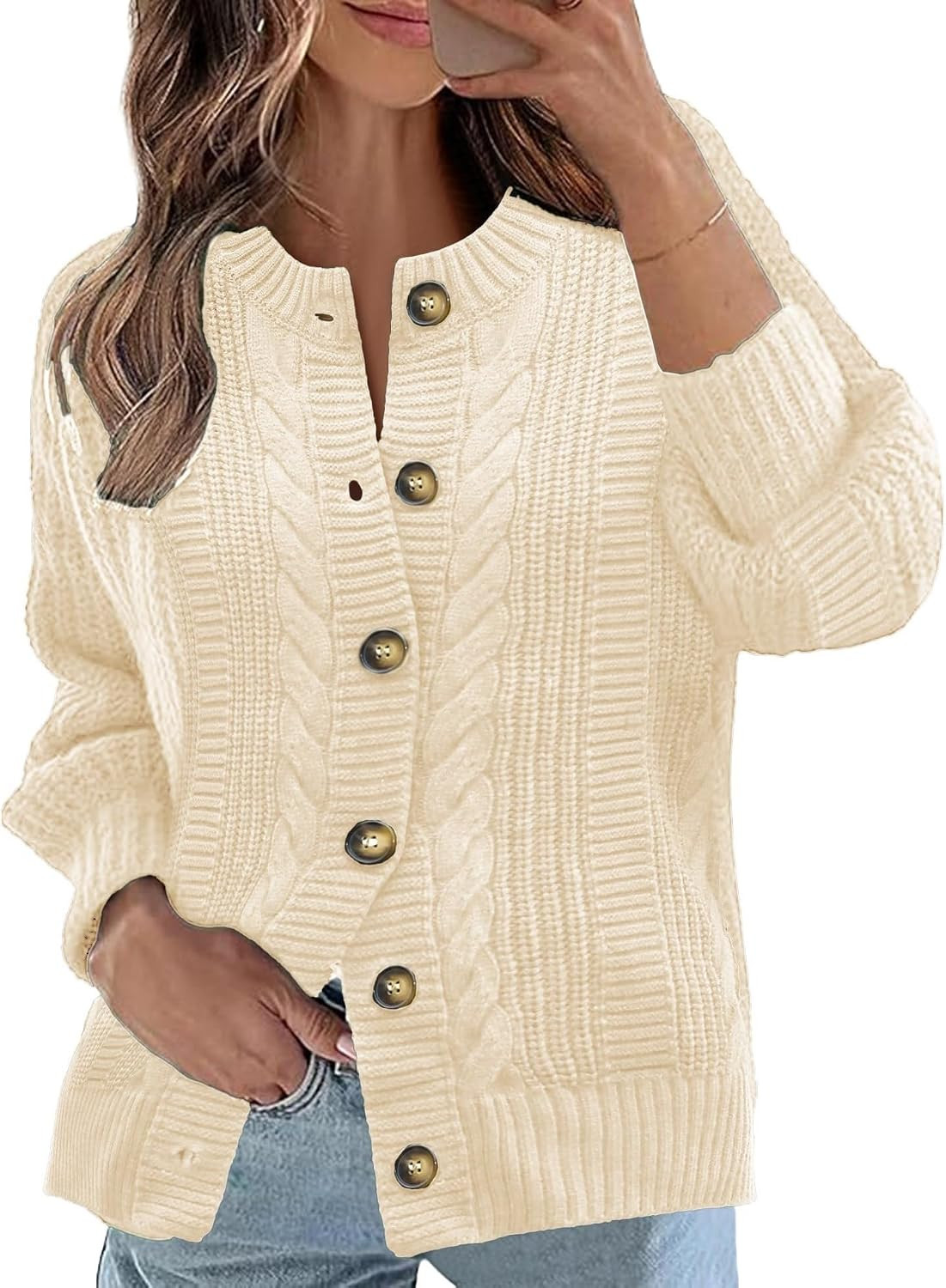 Rapbin Women's Cable Knit Cardigan Open Front Sweater Casual Long Sleeve Button Coats Outerwear | Amazon (US)
