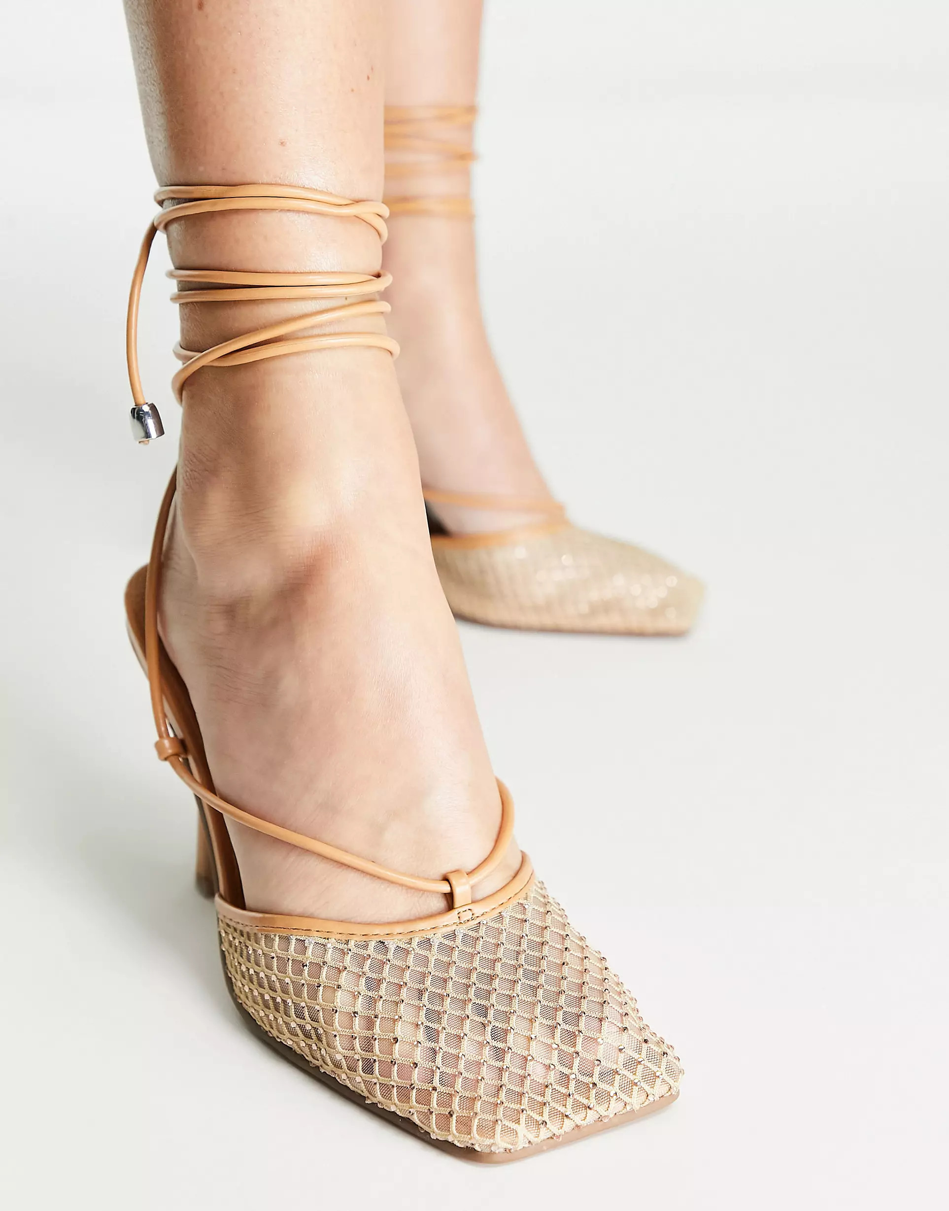 ASOS DESIGN Princella embellished square toe tie leg heeled shoes in pink | ASOS (Global)