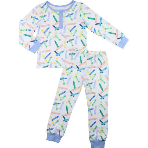 Blue Crayon Print Knit Pajamas - Shipping Late July | Cecil and Lou