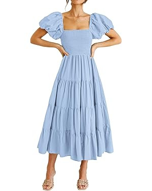 PRETTYGARDEN Women's Casual Summer Midi Dress Puffy Short Sleeve Square Neck Smocked Tiered Ruffl... | Amazon (US)