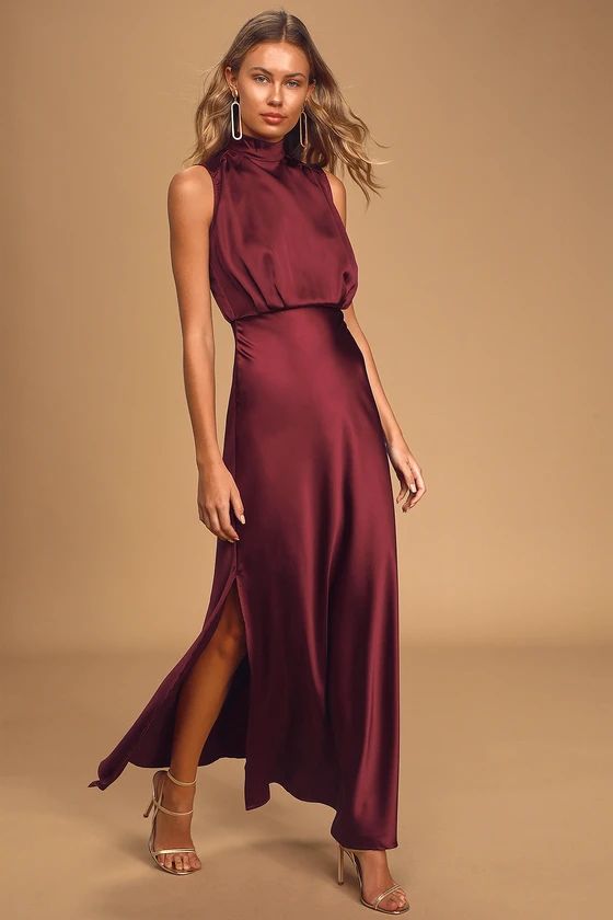 Classic Elegance Wine Satin Sleeveless Mock Neck Maxi Dress | Lulus (US)