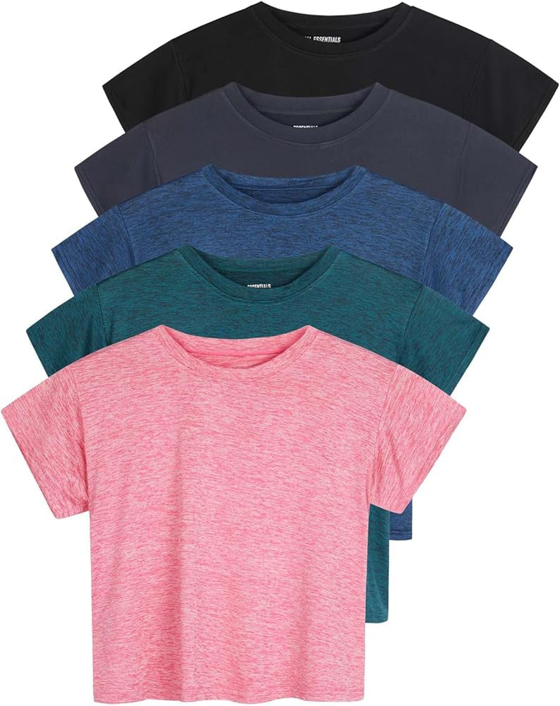 Real Essentials 5 Pack: Women's Dry Fit Crop Top - Short Sleeve Crew Neck Stretch Athletic Tee (A... | Amazon (US)