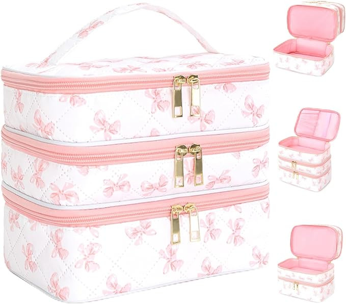 Travel Makeup Bag for Women Three Layer Large Cosmetic Case Water-resistant Toiletry Bag Organize... | Amazon (US)